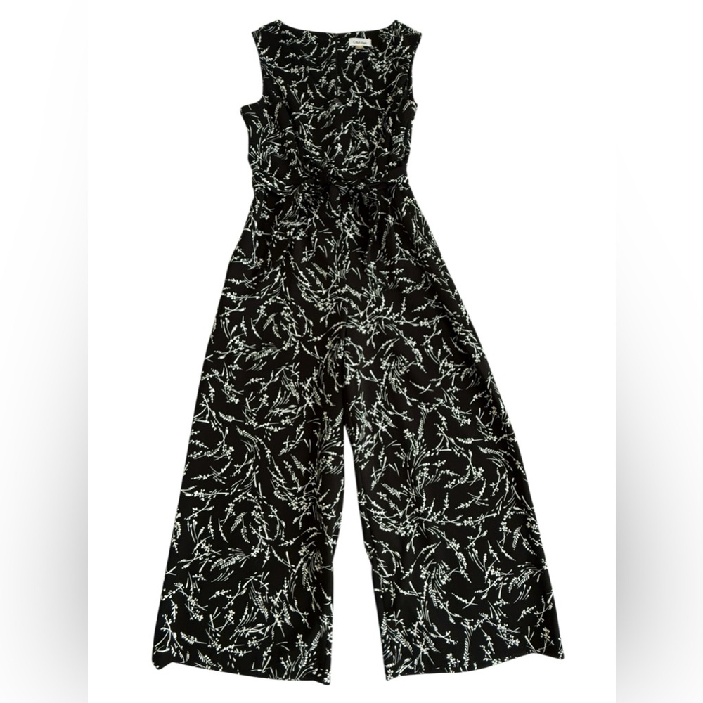 Calvin Klein Black White Floral Jumpsuit Wide Leg Belted Size 10 Cropped - Picture 6 of 10